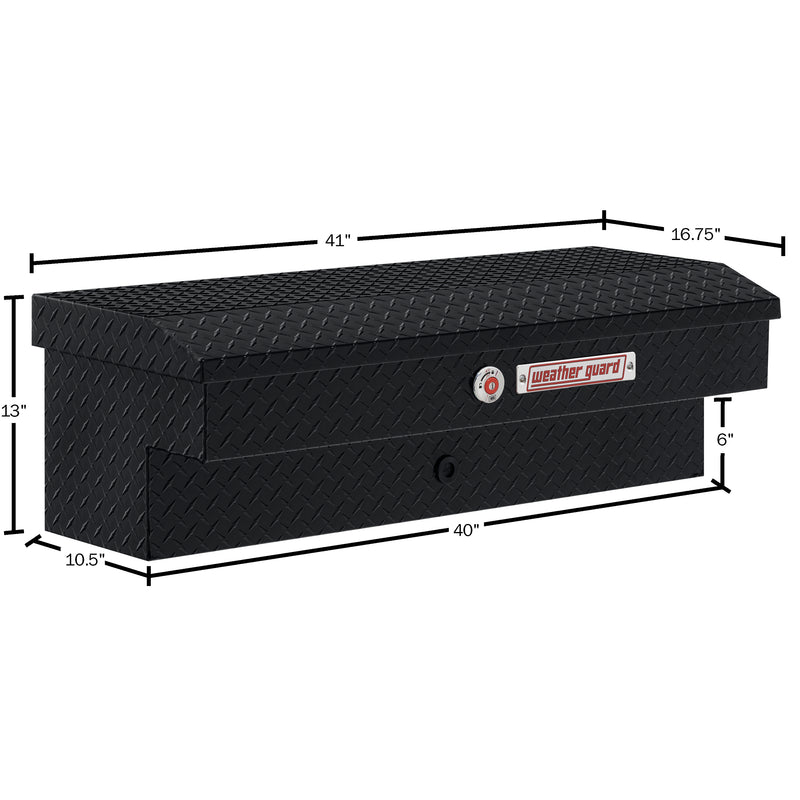 Weather Guard 184-5-04 Lo-Side box in gloss black, dimensional line drawing with the overall length, width and height called out