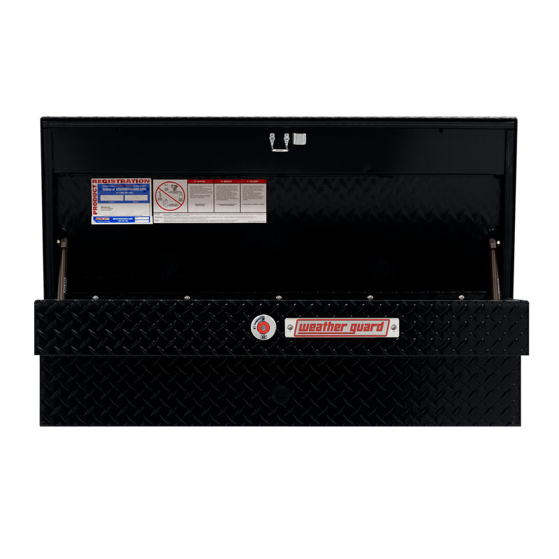 Weather Guard 184-5-04 Lo-Side box in gloss black, straight-on front view with the lid open, showing the full interior
