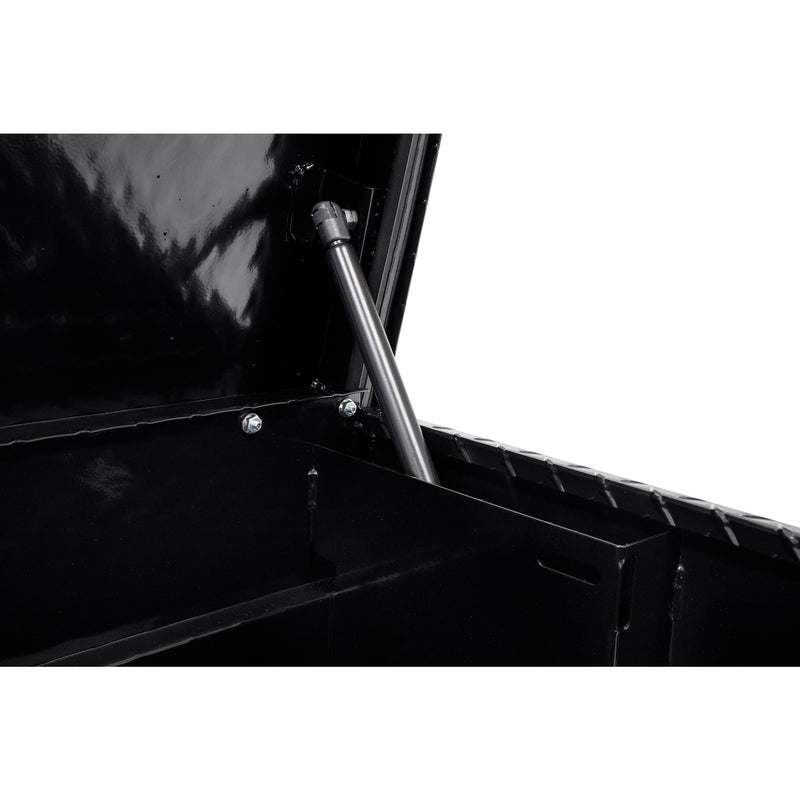 Weather Guard 184-5-04 Lo-Side box in gloss black, close-up of the gas strut holding the lid open