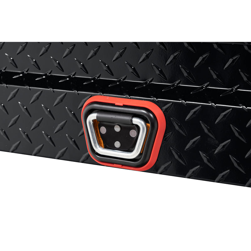Weather Guard 184-5-04 Lo-Side box in gloss black, close-up of the reinforced tie-down buckle on the body