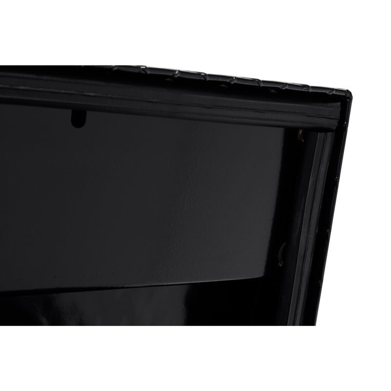Weather Guard 184-5-04 Lo-Side box in gloss black, close-up of the D-shaped ribbed weather seal around the opening