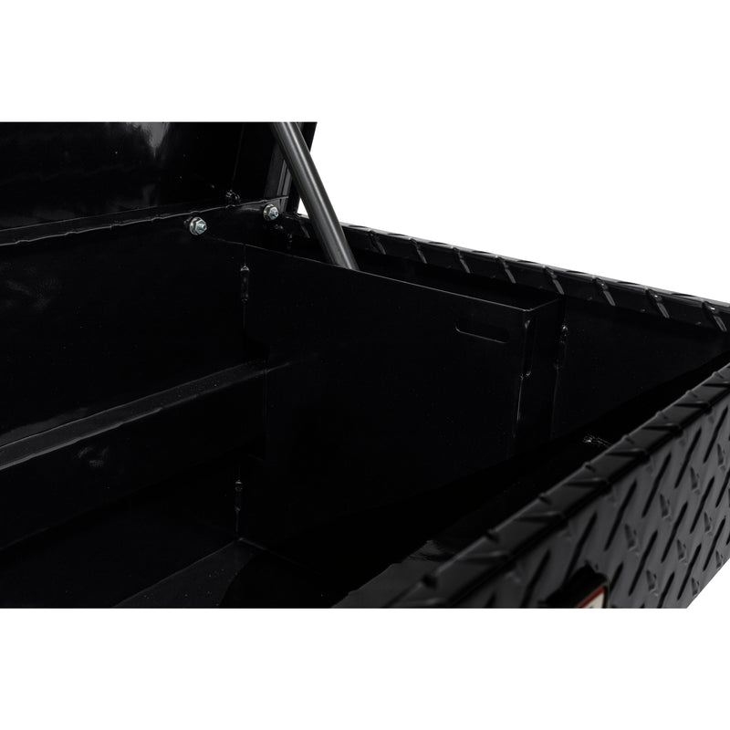 Weather Guard 184-5-04 Lo-Side box in gloss black, close-up of the welded gas strut shield inside the body