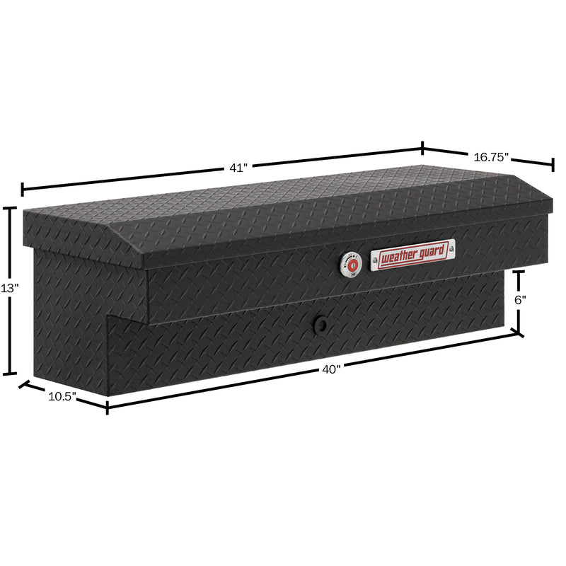 Weather Guard 184-52-04 Lo-Side box in textured matte black, dimensional line drawing with the overall length, width and height called out