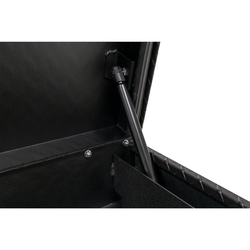 Weather Guard 184-52-04 Lo-Side box in textured matte black, close-up of the gas strut holding the lid open