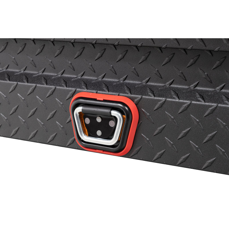 Weather Guard 184-52-04 Lo-Side box in textured matte black, close-up of the reinforced tie-down buckle on the body