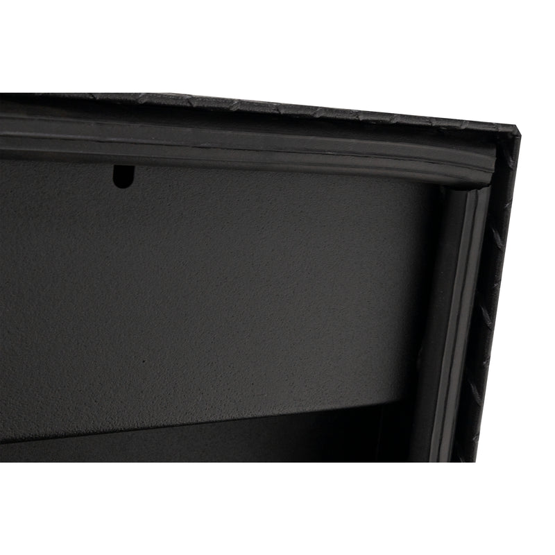 Weather Guard 184-52-04 Lo-Side box in textured matte black, close-up of the D-shaped ribbed weather seal around the opening