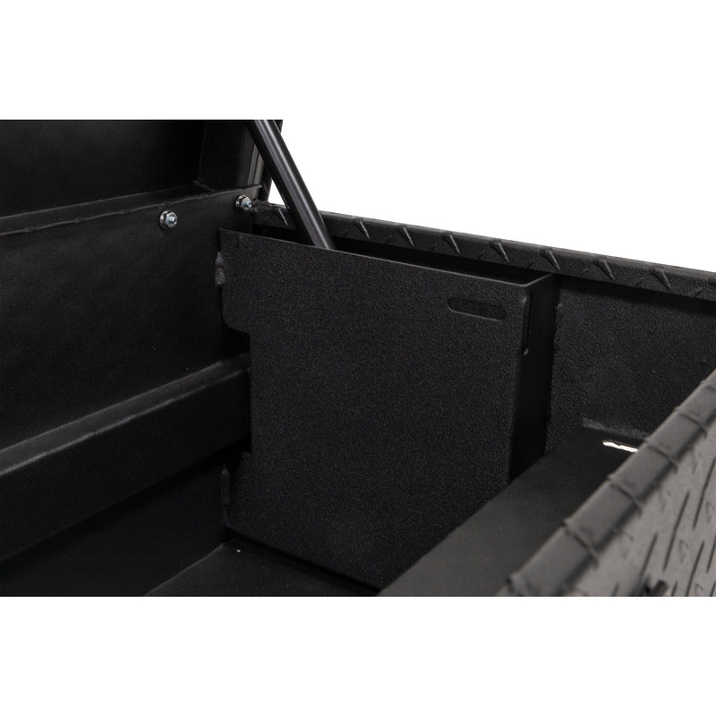 Weather Guard 184-52-04 Lo-Side box in textured matte black, close-up of the welded gas strut shield inside the body