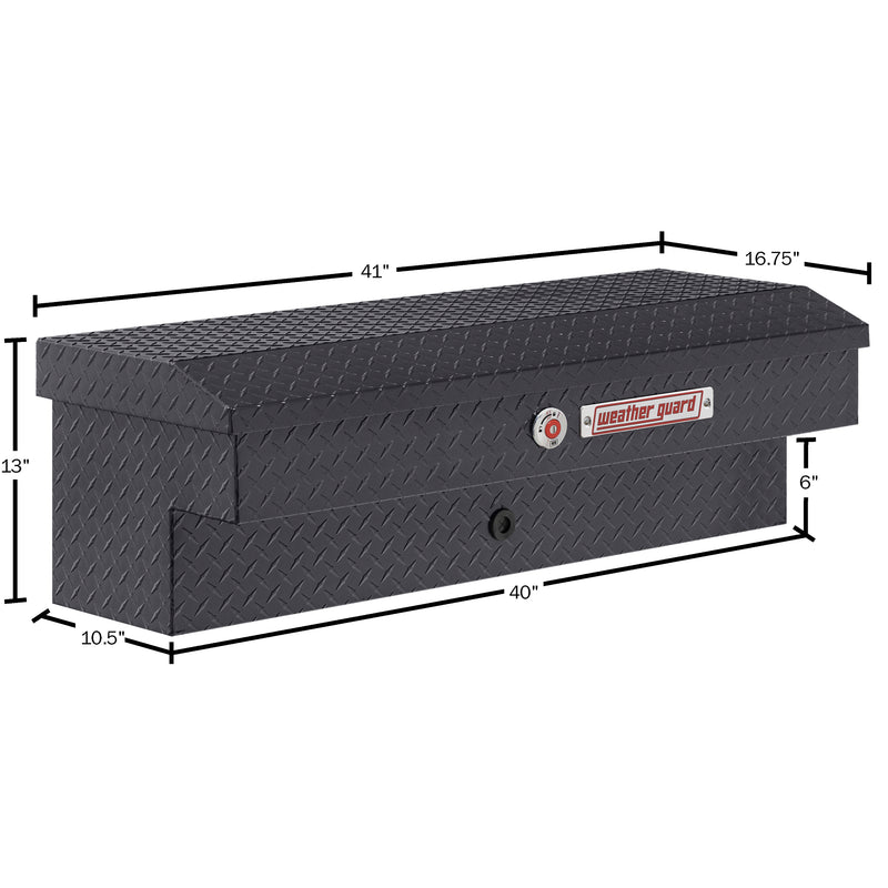 Weather Guard 184-6-04 Lo-Side box in gunmetal gray, dimensional line drawing with the overall length, width and height called out