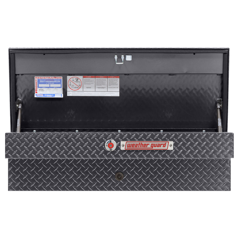 Weather Guard 184-6-04 Lo-Side box in gunmetal gray, straight-on front view with the lid open, showing the full interior