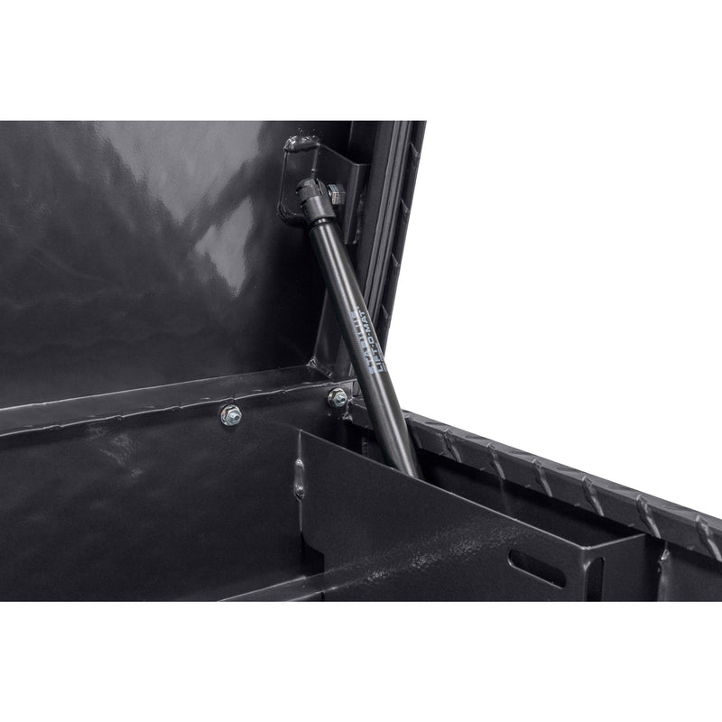 Weather Guard 184-6-04 Lo-Side box in gunmetal gray, close-up of the gas strut holding the lid open