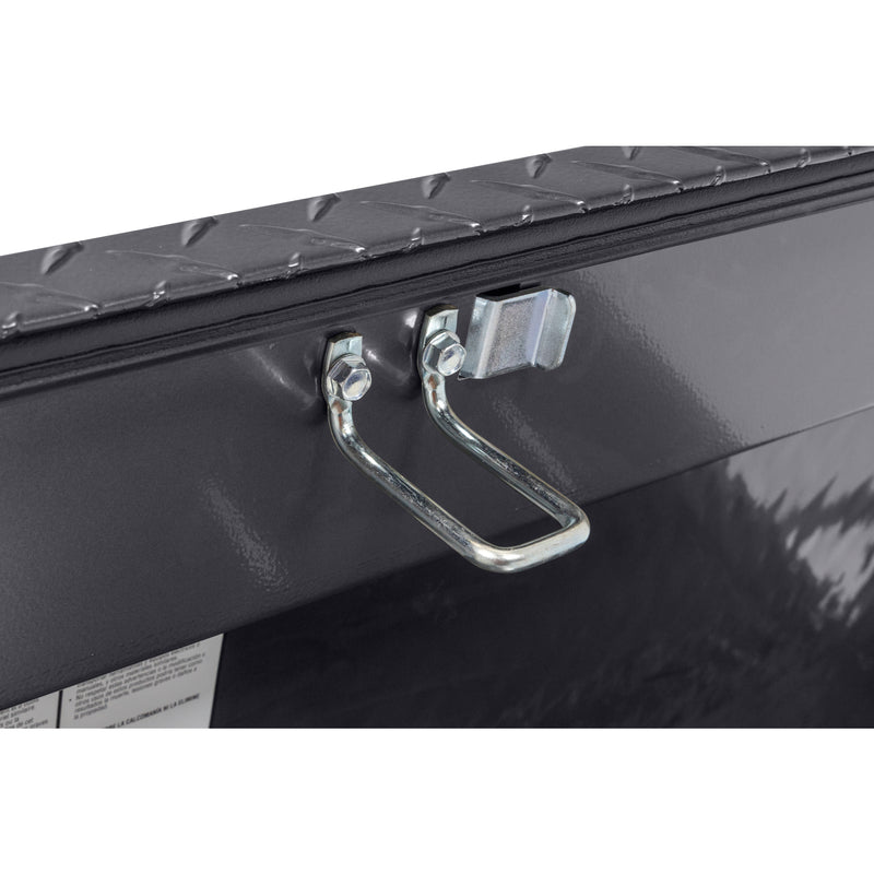 Weather Guard 184-6-04 Lo-Side box in gunmetal gray, close-up of the latch and striker along the lid opening