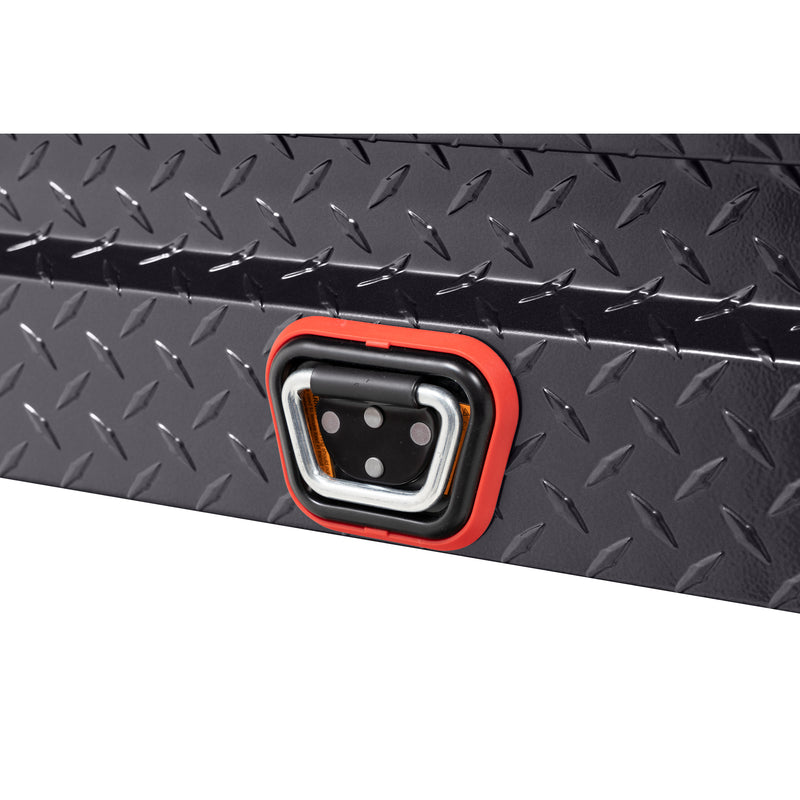 Weather Guard 184-6-04 Lo-Side box in gunmetal gray, close-up of the reinforced tie-down buckle on the body
