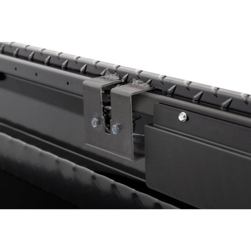 Weather Guard 184-6-04 Lo-Side box in gunmetal gray, close-up of the rotary latch and locking mechanism inside the body
