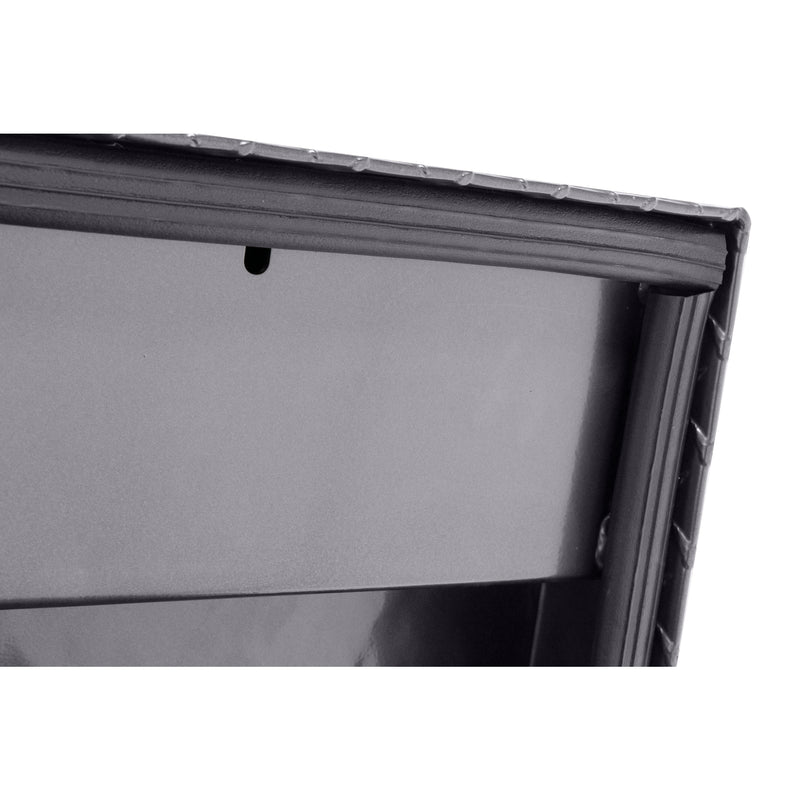 Weather Guard 184-6-04 Lo-Side box in gunmetal gray, close-up of the D-shaped ribbed weather seal around the opening