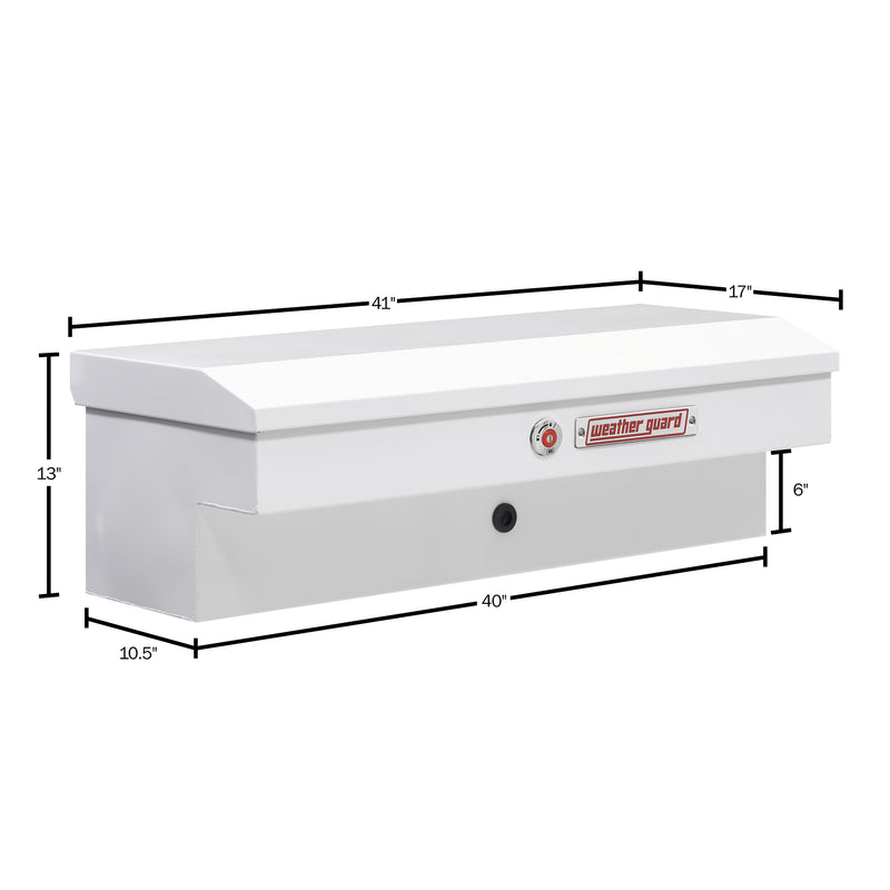 Weather Guard 185-3-04 Lo-Side box in brite white, dimensional line drawing with the overall length, width and height called out
