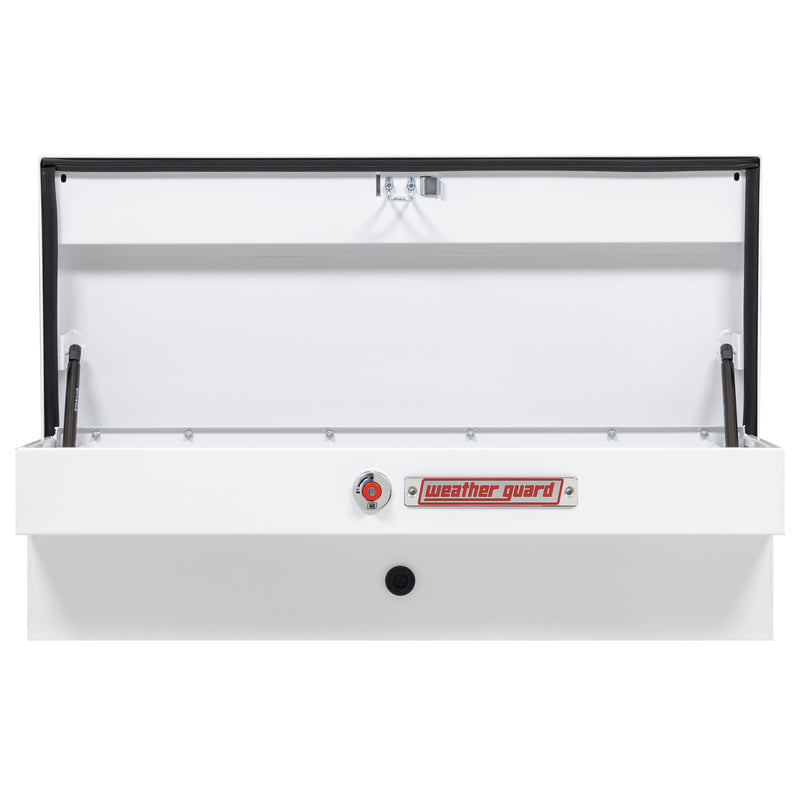 Weather Guard 185-3-04 Lo-Side box in brite white, straight-on front view with the lid open, showing the full interior