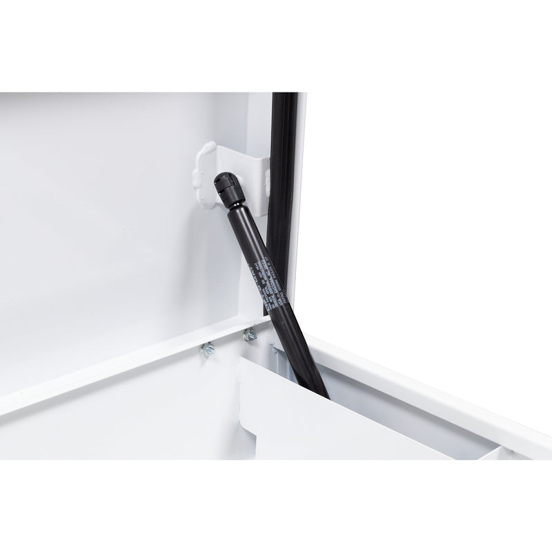 Weather Guard 185-3-04 Lo-Side box in brite white, close-up of the gas strut holding the lid open