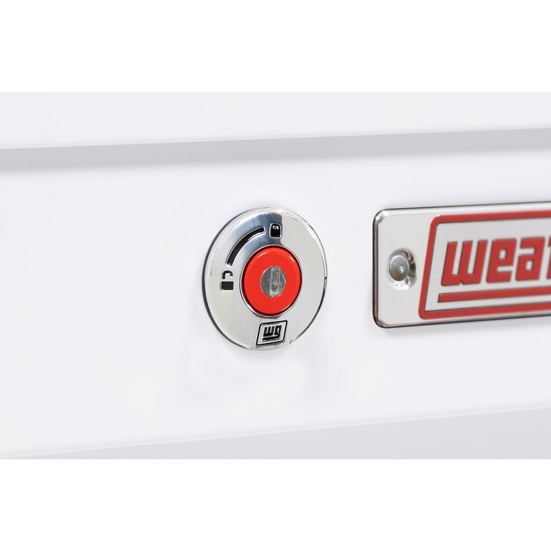 Weather Guard 185-3-04 Lo-Side box in brite white, close-up of the red push-button lock and Weather Guard badge