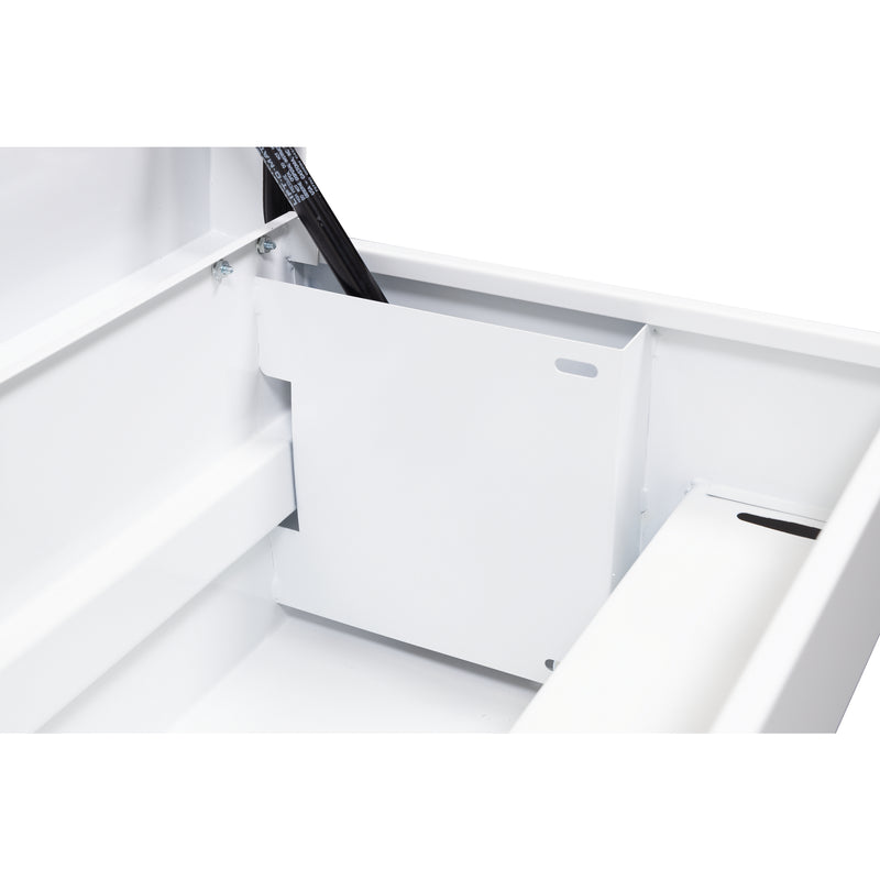 Weather Guard 185-3-04 Lo-Side box in brite white, close-up of the welded gas strut shield inside the body