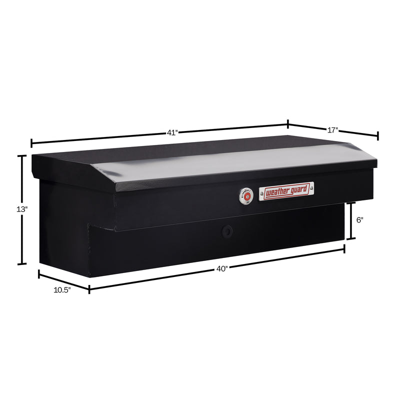 Weather Guard 185-5-04 Lo-Side box in gloss black, dimensional line drawing with the overall length, width and height called out