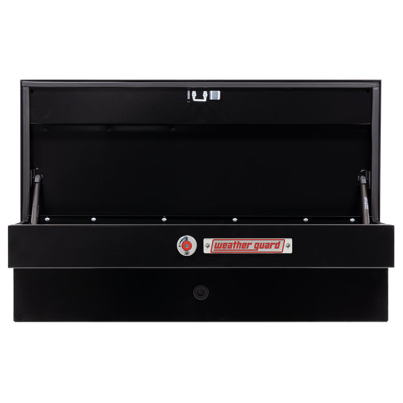 Weather Guard 185-5-04 Lo-Side box in gloss black, straight-on front view with the lid open, showing the full interior