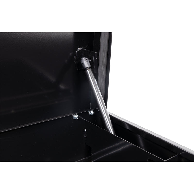 Weather Guard 185-5-04 Lo-Side box in gloss black, close-up of the gas strut holding the lid open