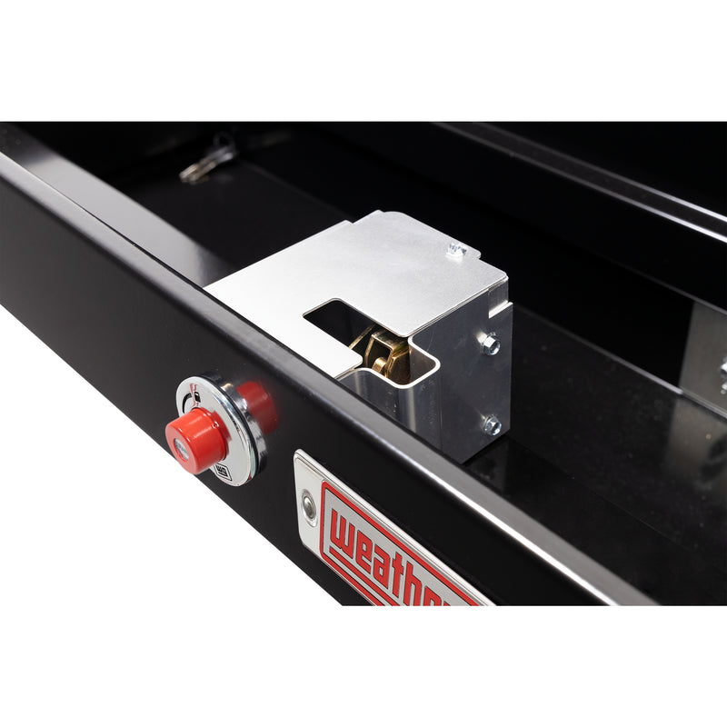 Weather Guard 185-5-04 Lo-Side box in gloss black, close-up of the rotary latch and locking mechanism inside the body