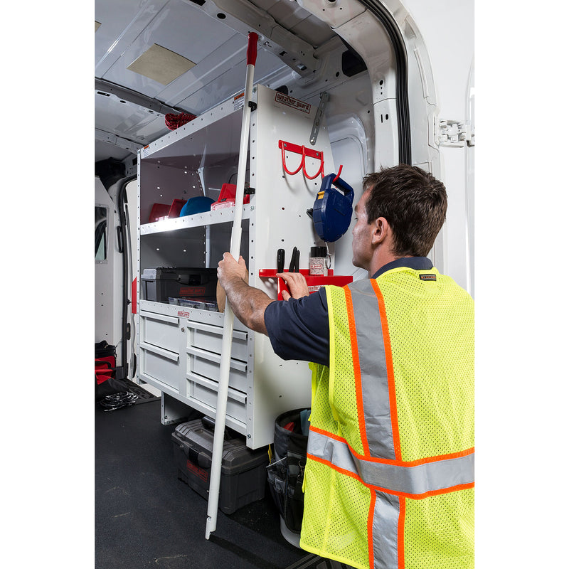 Weather Guard 2261-3-01 EZGLIDE2 Compact Fixed Drop-Down Van Ladder Rack, a technician stowing a ladder on the interior storage clips of a shelved van