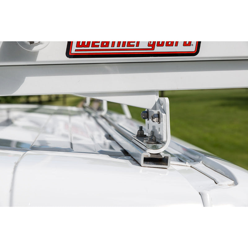 Weather Guard 2277-3-01 EZGLIDE2 Dual Drop-Down Ladder Kit With Cross Member, close-up of the roof mounting bracket clamped to the van roof