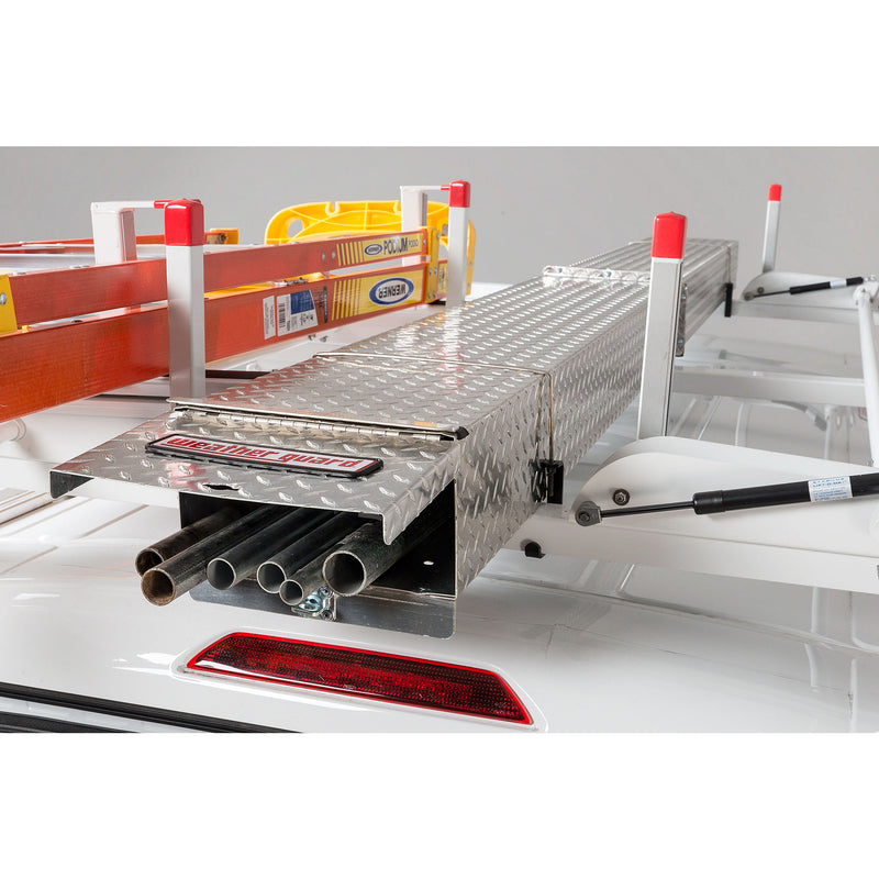 Weather Guard 2291-3-01 Extended EZGLIDE2 Drop-Down Van Ladder Rack, conduit and lumber carried in the rack's tray beside a loaded ladder