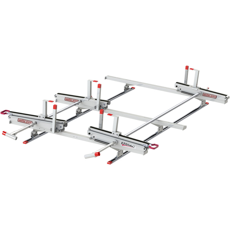 Weather Guard 2291-3-01 Extended EZGLIDE2 Drop-Down Van Ladder Rack, paired dual-side setup with a second rack and cross member