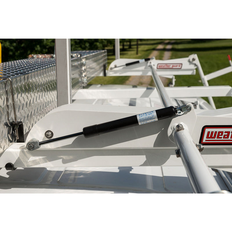 Weather Guard 2291-3-01 Extended EZGLIDE2 Drop-Down Van Ladder Rack, close-up of the gas strut that controls the drop-down motion