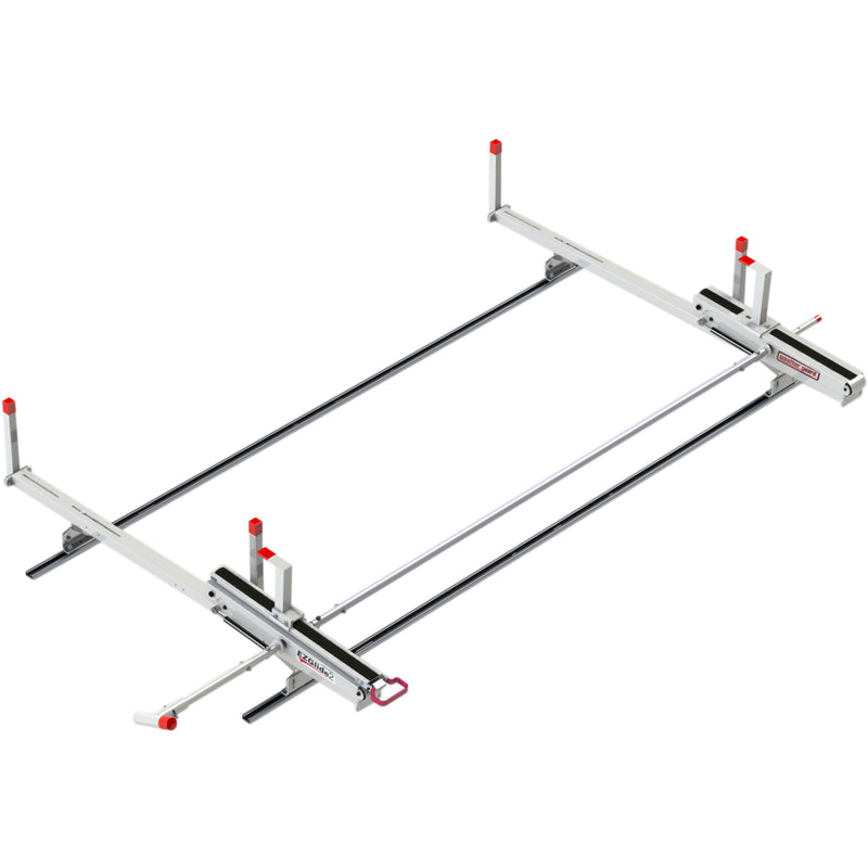 Weather Guard 2291-3-01 Extended EZGLIDE2 Drop-Down Van Ladder Rack, the rack laid out with its cross members and mounting kit