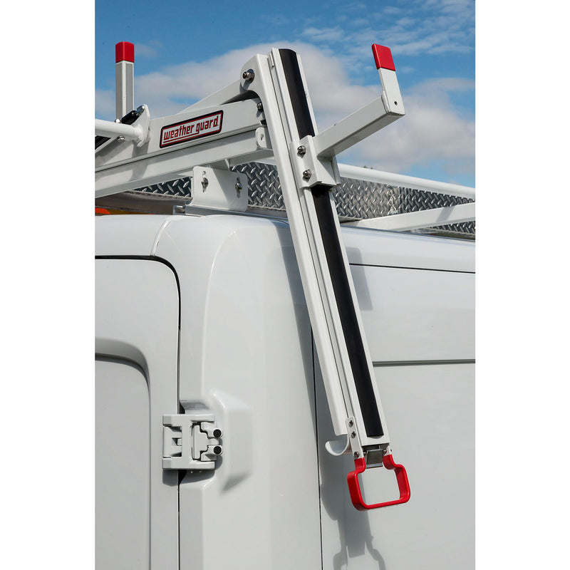 Weather Guard 2291-3-01 Extended EZGLIDE2 Drop-Down Van Ladder Rack, close-up of the protective rubber strip along the rack arm