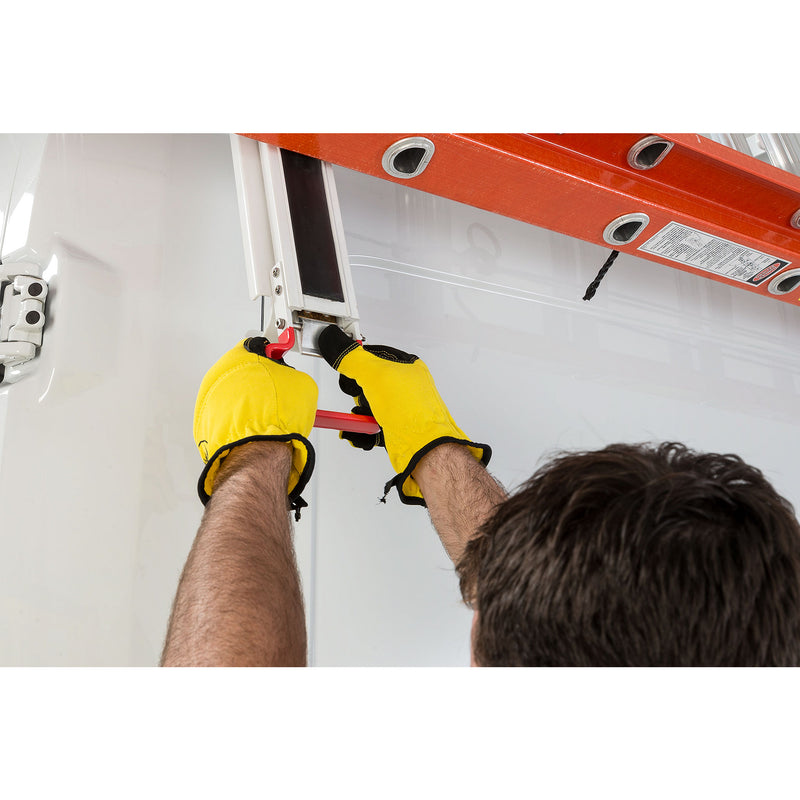 Weather Guard 2291-3-01 Extended EZGLIDE2 Drop-Down Van Ladder Rack, gloved hands releasing the red thumb lock on the rack
