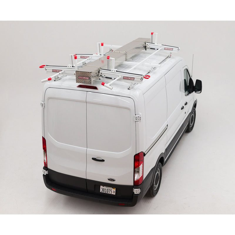 Weather Guard 2291-3-01 Extended EZGLIDE2 Drop-Down Van Ladder Rack, a rear three-quarter studio view of a white van with the rack fitted