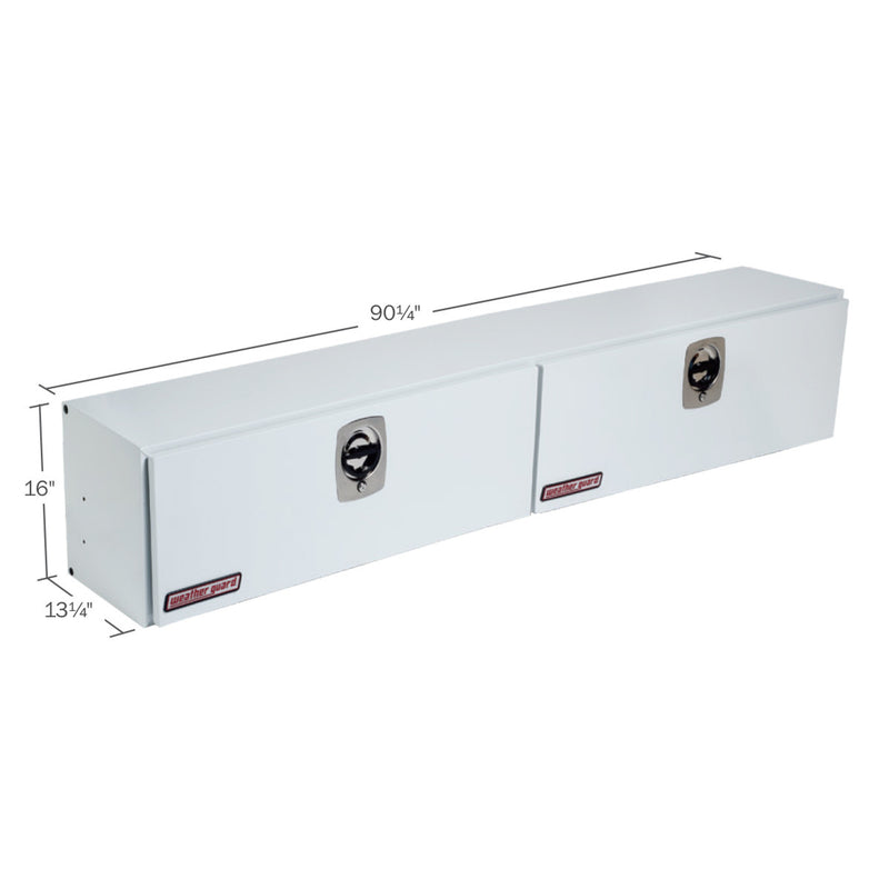 Weather Guard 290-3-02 Hi-Side box in brite white, dimensional line drawing with the overall length, width and height called out