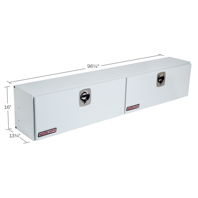 Weather Guard 296-3-02 Hi-Side box in brite white, dimensional line drawing with the overall length, width and height called out