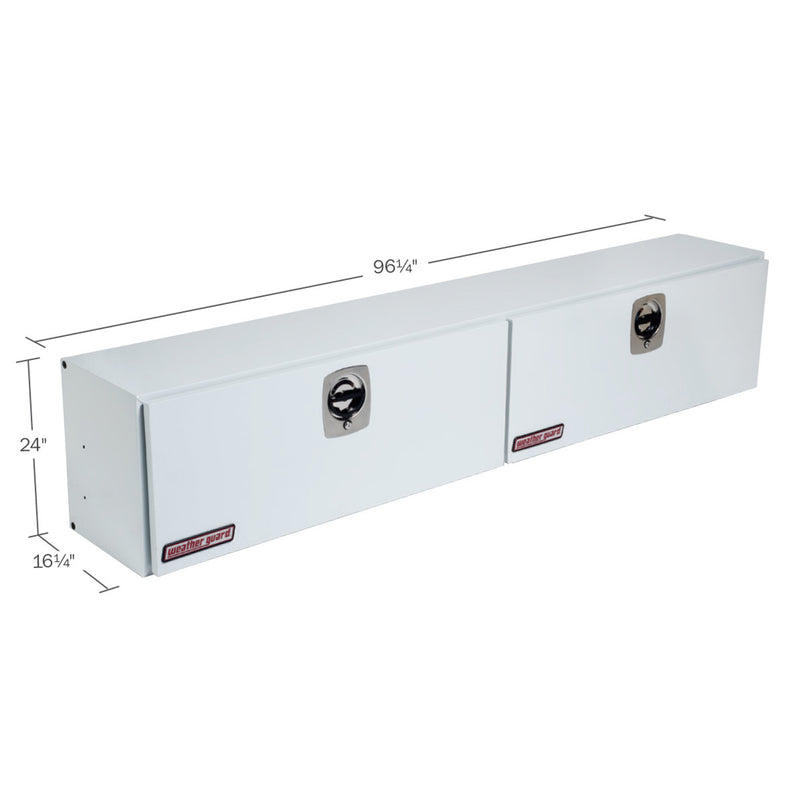 Weather Guard 297-3-02 Jumbo Super-Side box in brite white, dimensional line drawing with the overall length, width and height called out