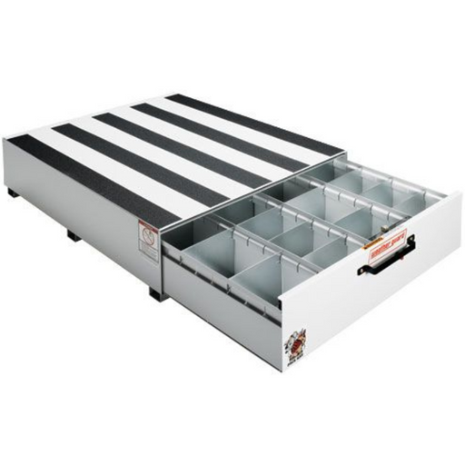 Weather Guard 338-3 Pack Rat 48 in steel drawer unit in white with the drawer rolled open showing 4 compartments and dividers, anti-slip top