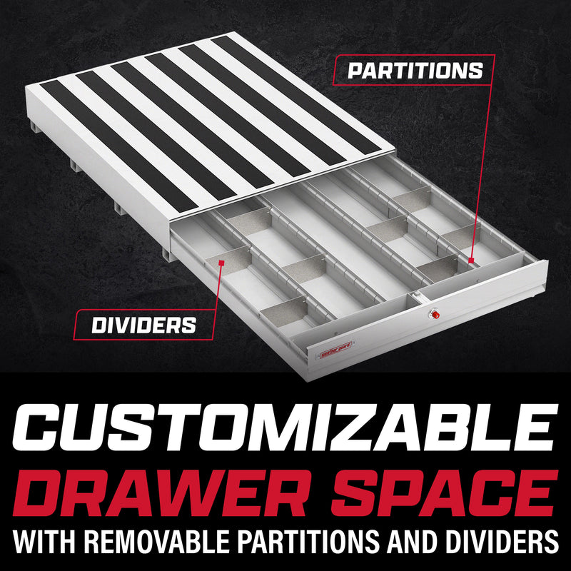 Weather Guard marketing tile explaining the removable partitions and dividers inside a PACK RAT drawer