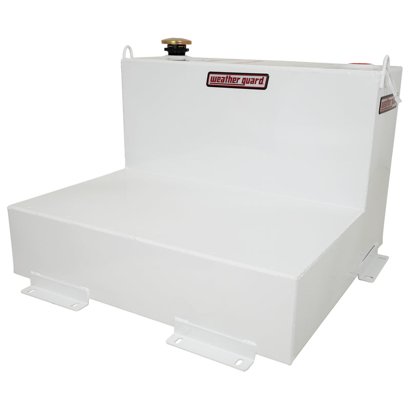 Brite white Weather Guard 50 gallon transfer tank seen from a high angle showing the stepped L step-down
