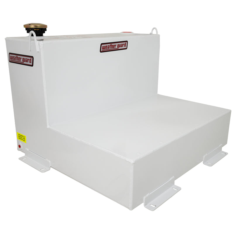 Weather Guard 50 gallon brite white transfer tank from the opposite corner with the vented filler cap in view