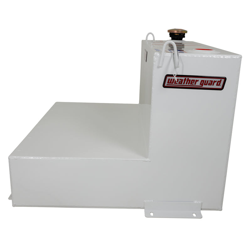 Side profile of the Weather Guard 50 gallon brite white transfer tank showing the L step down to the bed floor