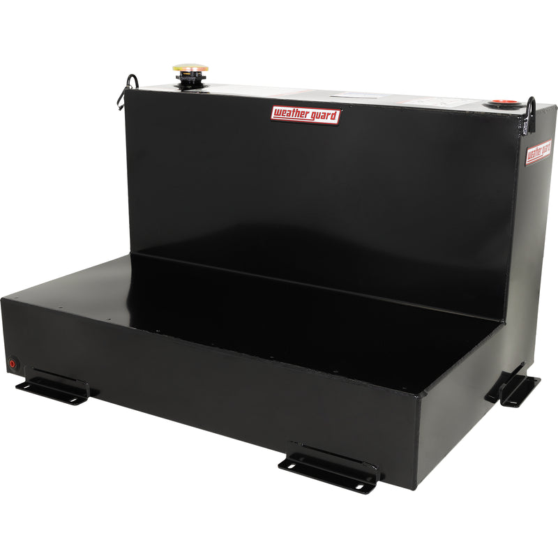 Gloss black Weather Guard 75 gallon transfer tank from a high angle showing the L step down
