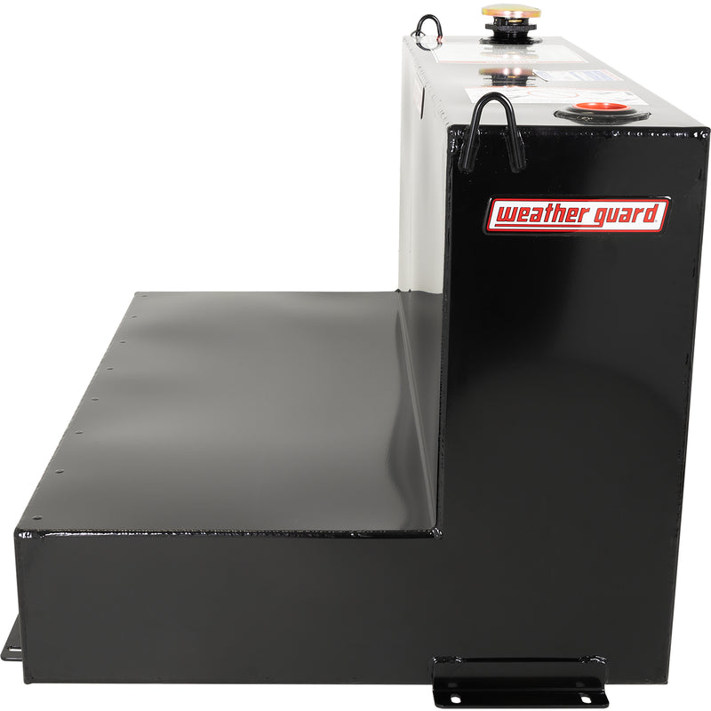 Side profile of the gloss black 75 gallon Weather Guard transfer tank showing the L cross-section