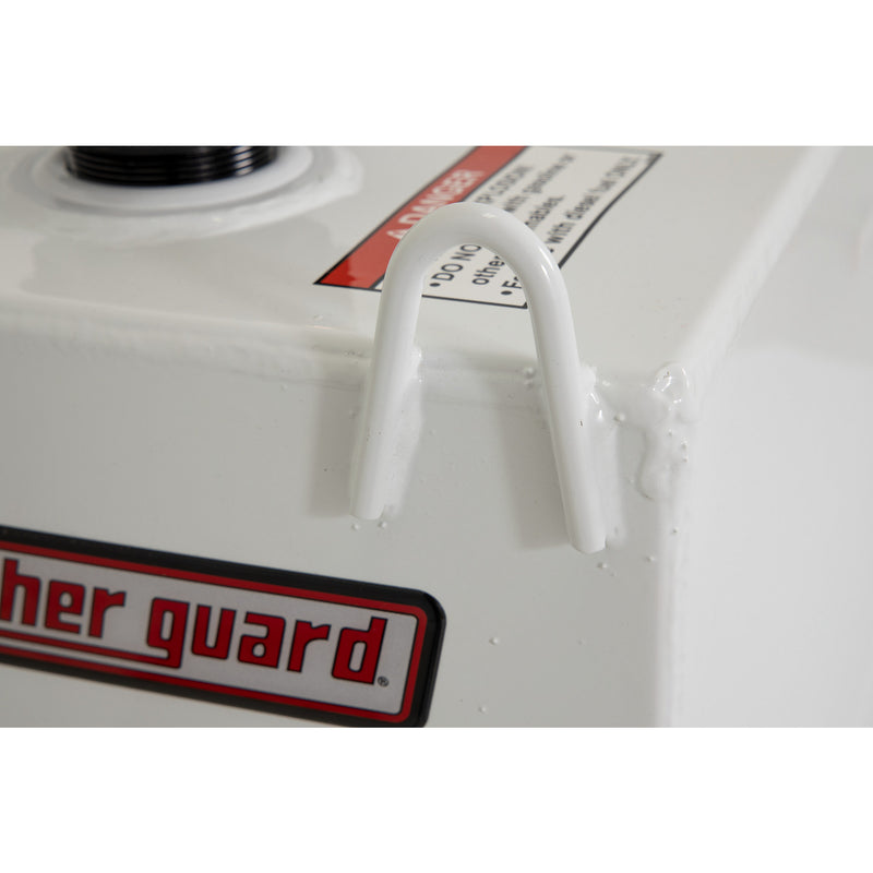 Low-angle detail of the steel lift handle and weather guard badge on a brite white transfer tank