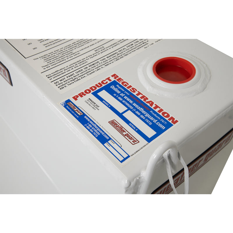 Product registration label printed on the top of a brite white Weather Guard transfer tank