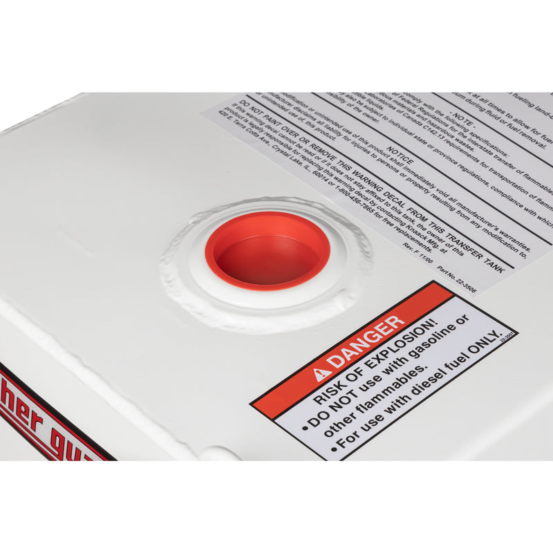 Detail of the 2 inch NPT pump bung with red plug on a brite white Weather Guard transfer tank