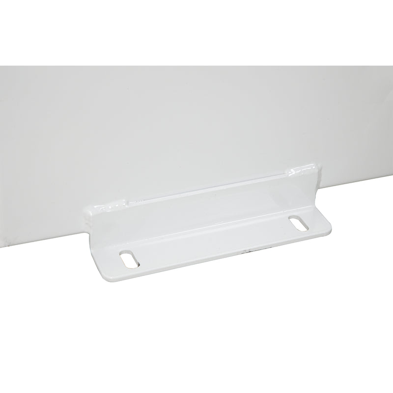 Close-up of the slotted welded mounting foot on a brite white Weather Guard steel transfer tank